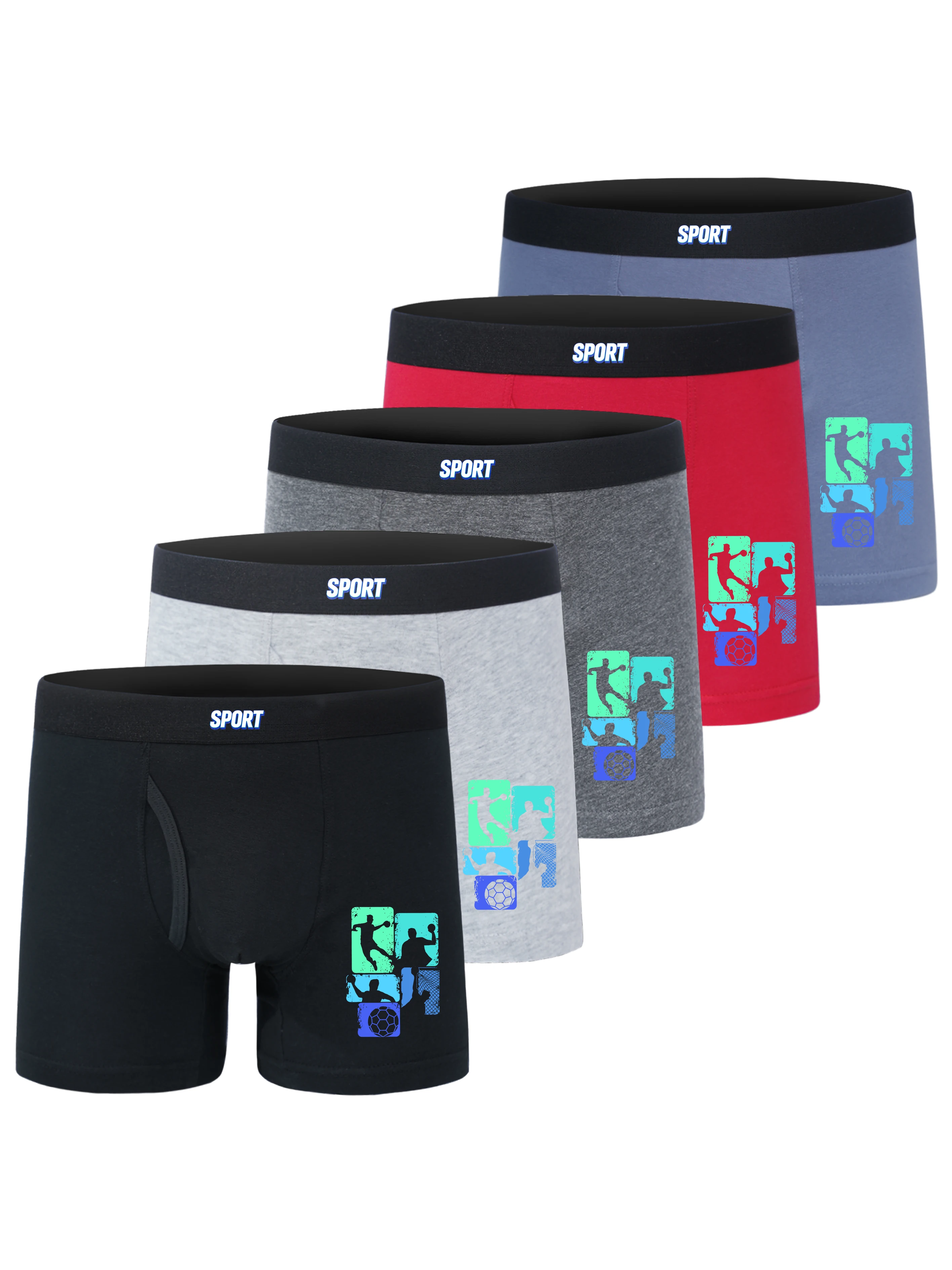 Boys 5 Pack Summer Boxer Briefs, Simple SPORT Waistband Soccer Silhouette Design, Cotton Sports Underpants for 5-15 Years Old