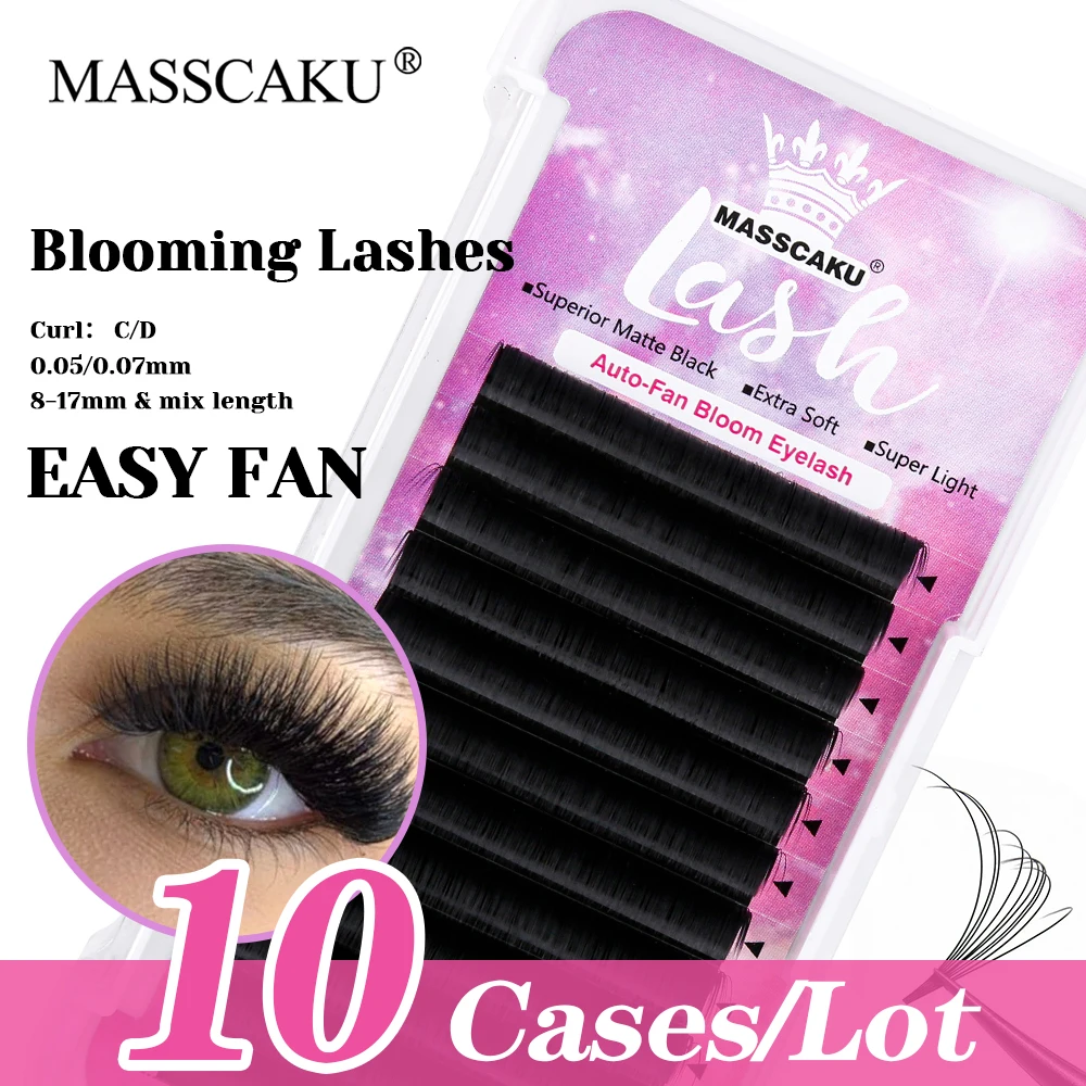 

New Design MASSCAKU 10cases/lot Long-lasting Easy Fanning Eyelash Soft Handmade One Second Flowering Lashes without Scattering