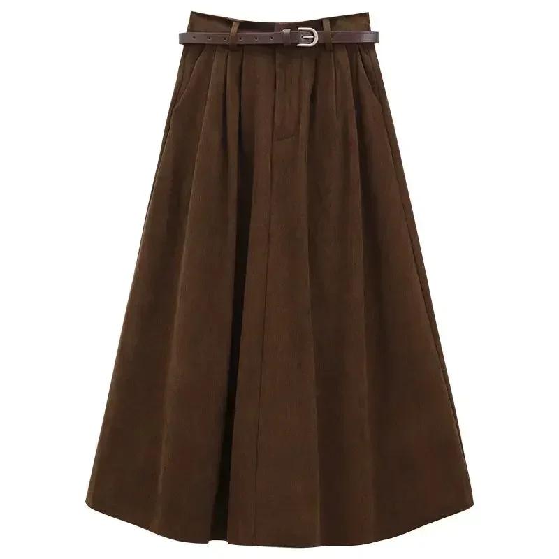 Retro Brown Corduroy Skirt Women\'s Autumn Winter 2024 New Fashion High Waist Mid-Length A-Line Skirts Japanese Vintage Clothes