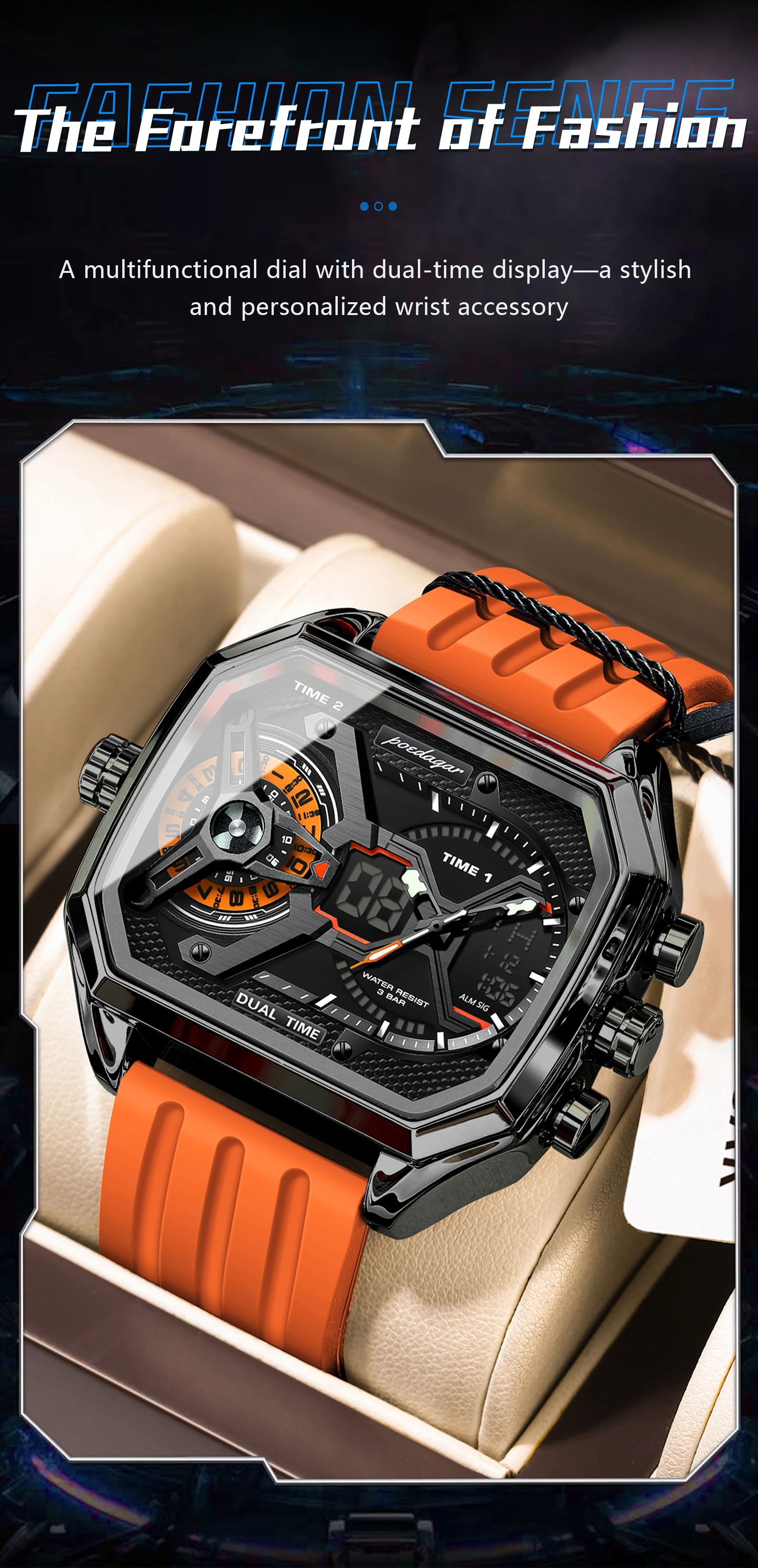 POEDAGAR Sport Männer Armbanduhren Datum Woche Leuchtende LED Mode Mann Uhr Silikon Armband Elektronische Dual Time Quarz herren Uhr – Detail 3