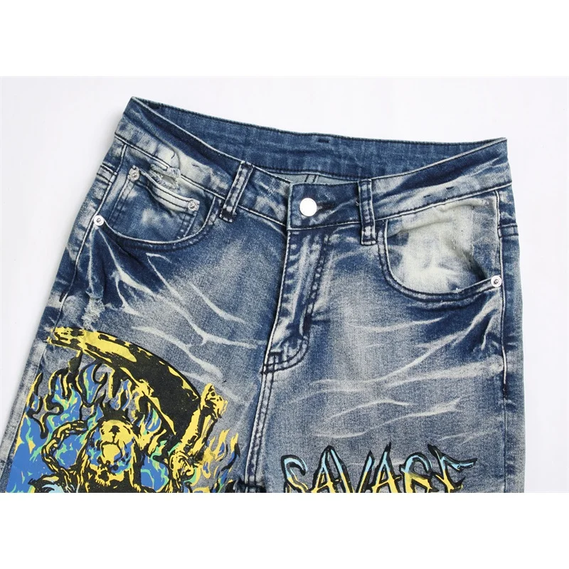 Punk trendy vintage blue jeans men's slim fit stretch ripped print personality unique skinny retro biker's trousers