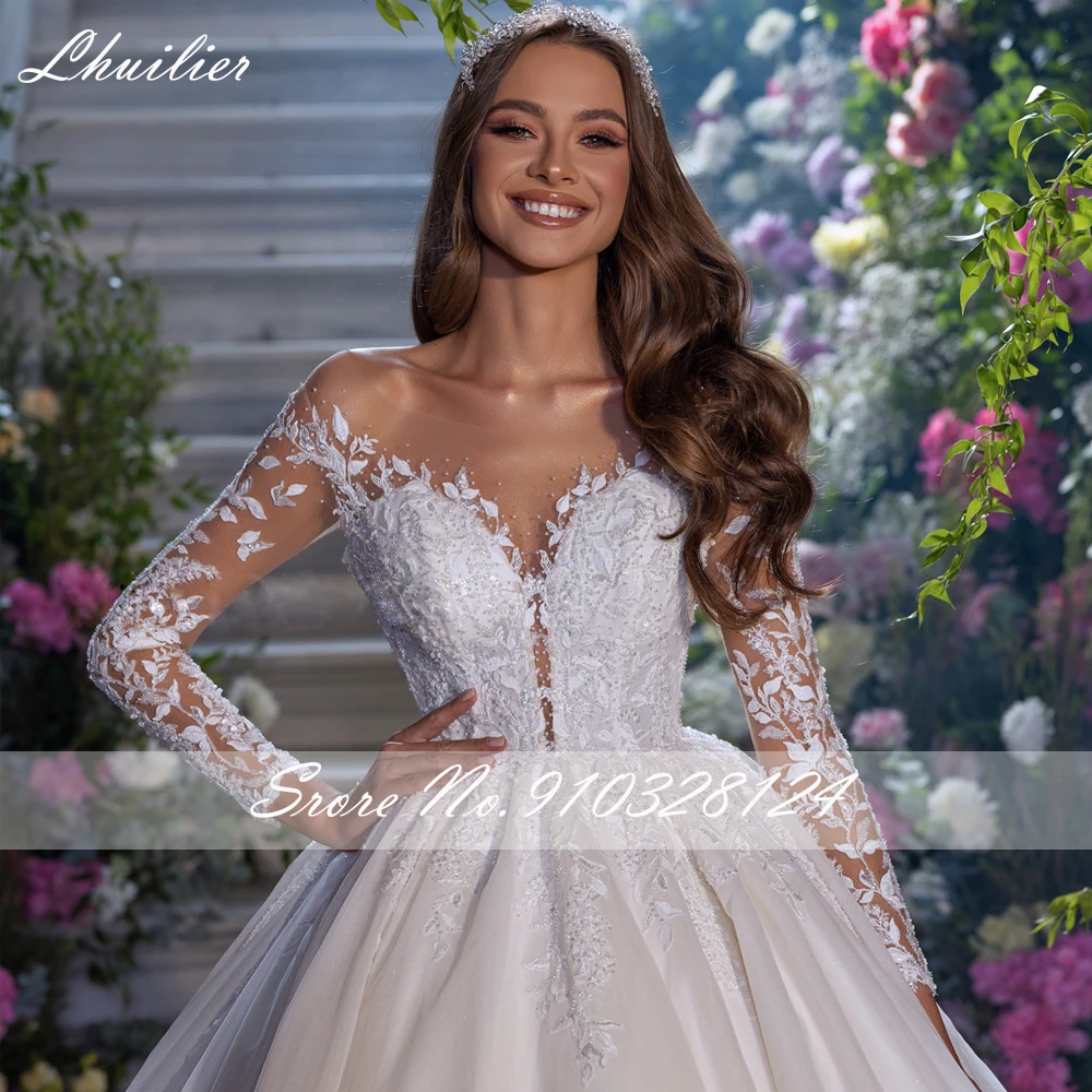 Lhuilier abito da ballo da donna scollo tondo abiti da sposa in pizzo 2023 abito da sposa con perline a maniche lunghe con treno cappella