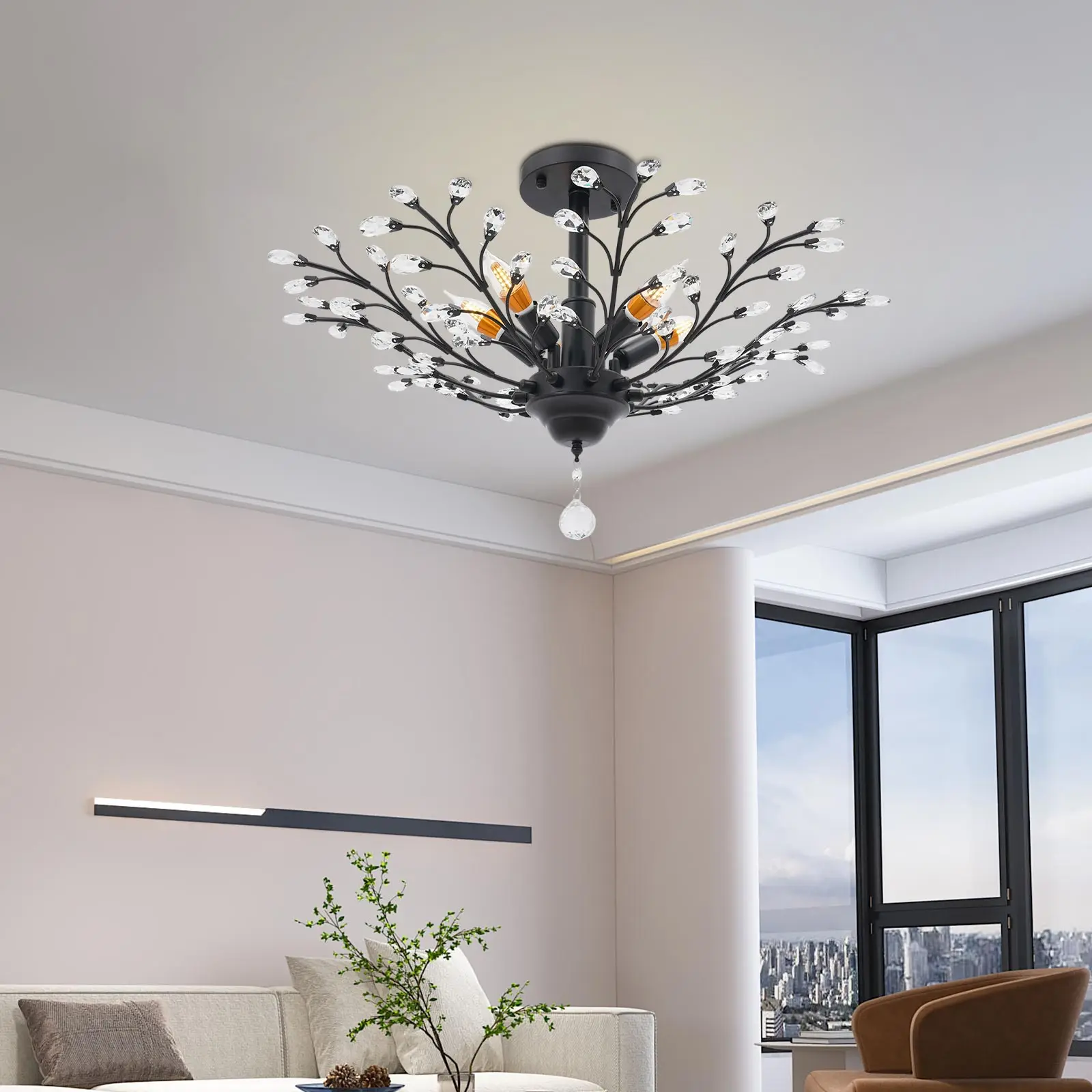 ضوء قلادة كريستال أسود، مصباح معلق فروع 5 * E12 مثبت على السقف 79 * 30 سم للصوفات وغرف المعيشة