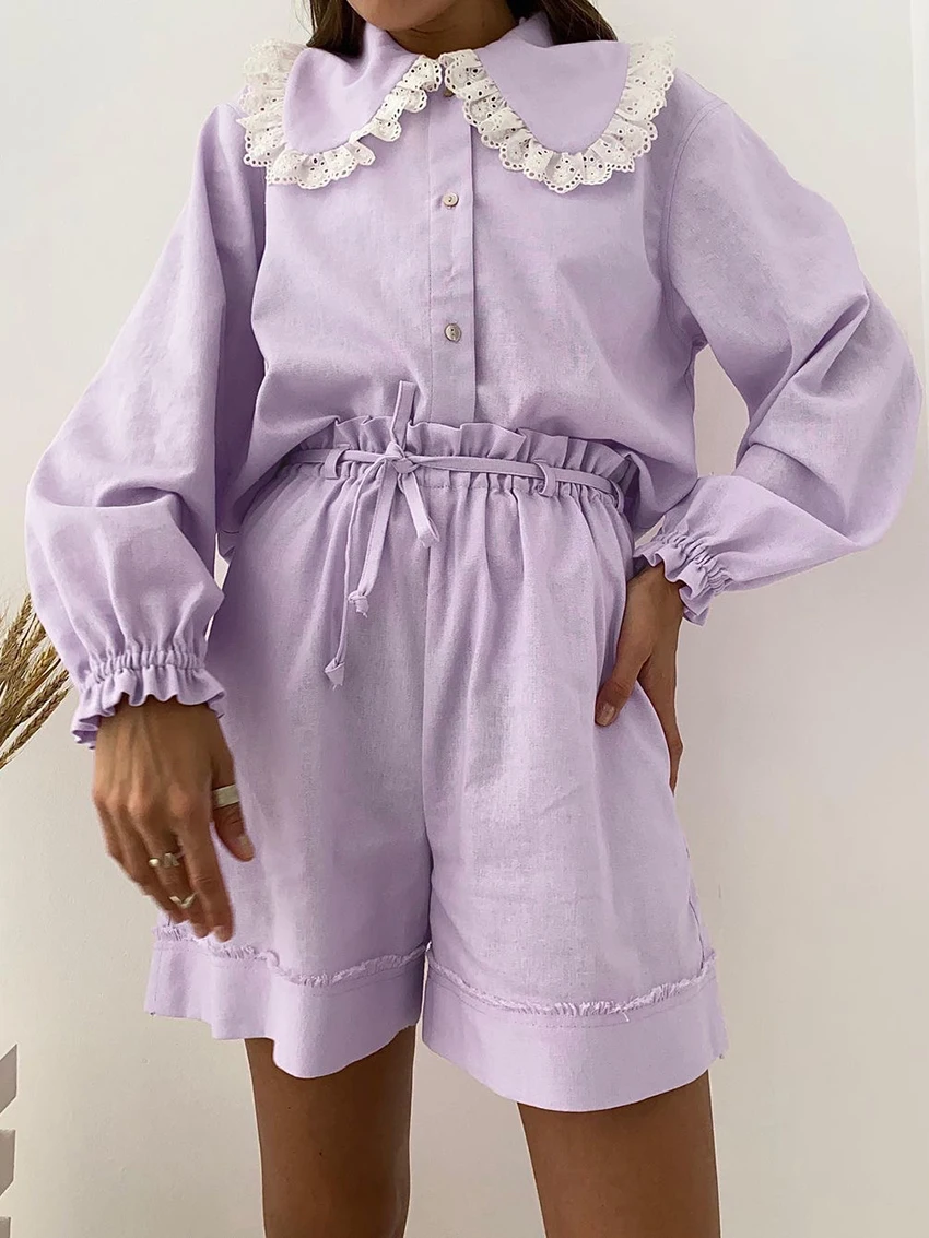 Marthaqiqi Lace Patchwork Female Pajama Set Turn-Down Collar Sleepwear Long Sleeve Nightwear Shorts Casual Women Nightgowns Suit