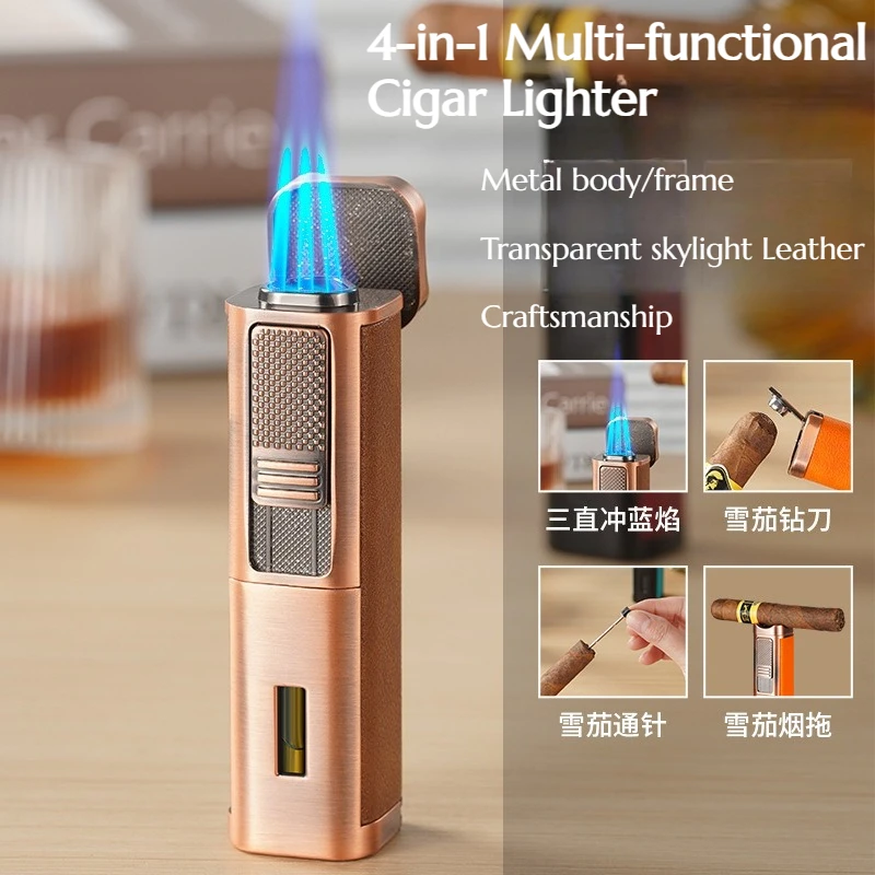 4-in-1 Package Three Heads Straight Out Blue Flame Lighter Cigar Lighter Straight Out High-end Cigar Accessories