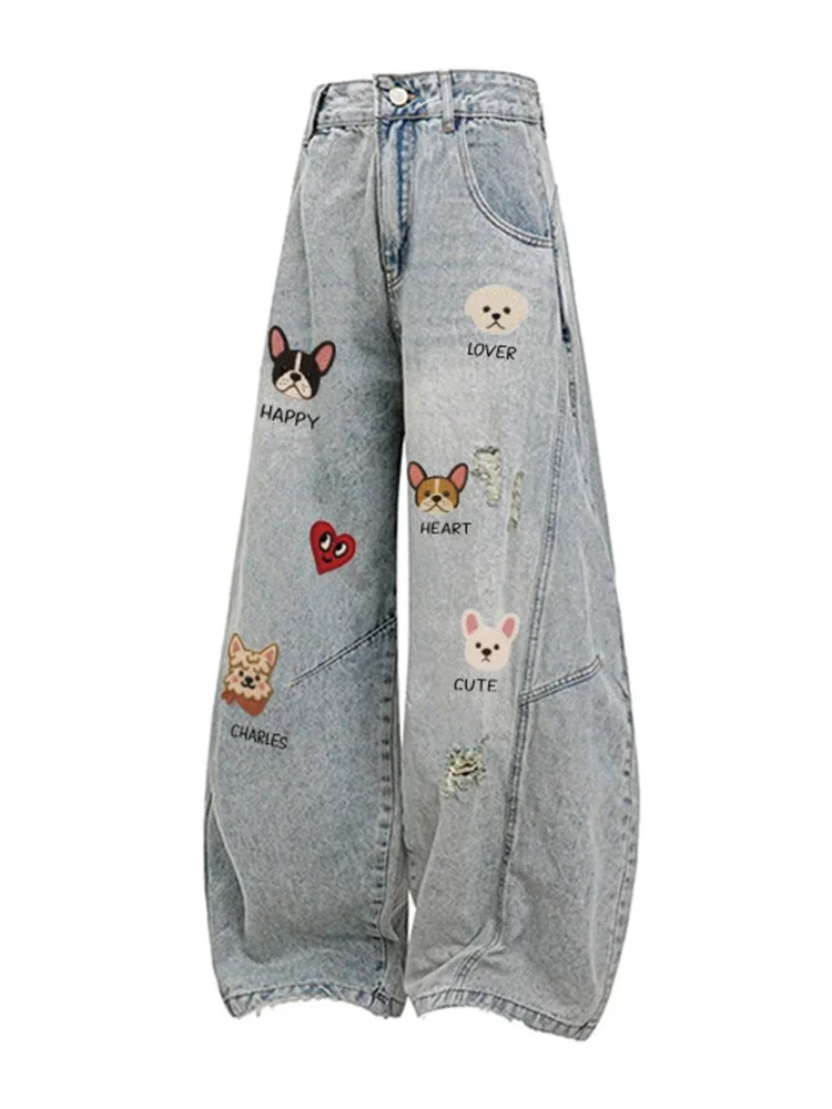 

Y2K Retro American Style Dog Curved Jeans Wide Leg Long Pants Loose Trendy