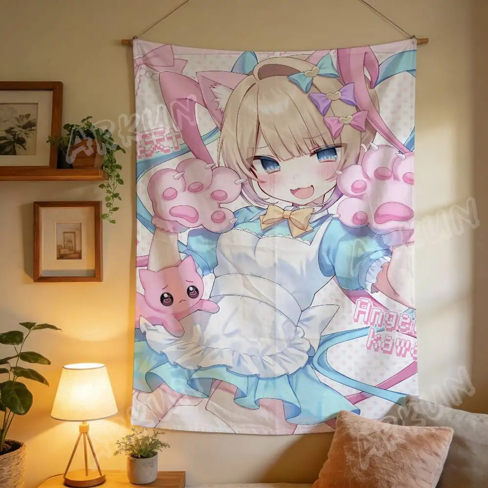 Pink Anime Girl Kangel Tapestry, Pastel Color Manga Character Wall Hanging, Kawaii Aesthetic Wall Bedroom Decor