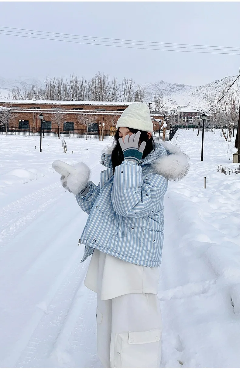 Korean Striped Bow Pattern Cropped Padded Jacket for Women Winter Hooded Coat with Faux Fur Collar Woman Sweet Thick Warm Parkas