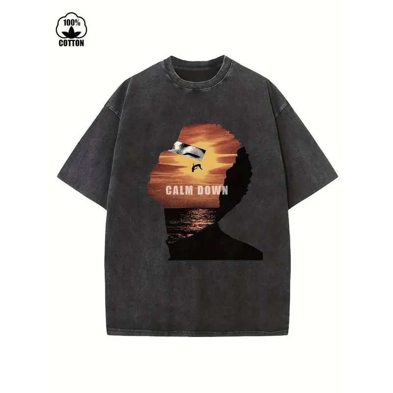

"Calm Down" T-Shirt Unisex Washed Retro Graphic Tee Minimalist Sunset Art Print Self Care Cotton Top Gift