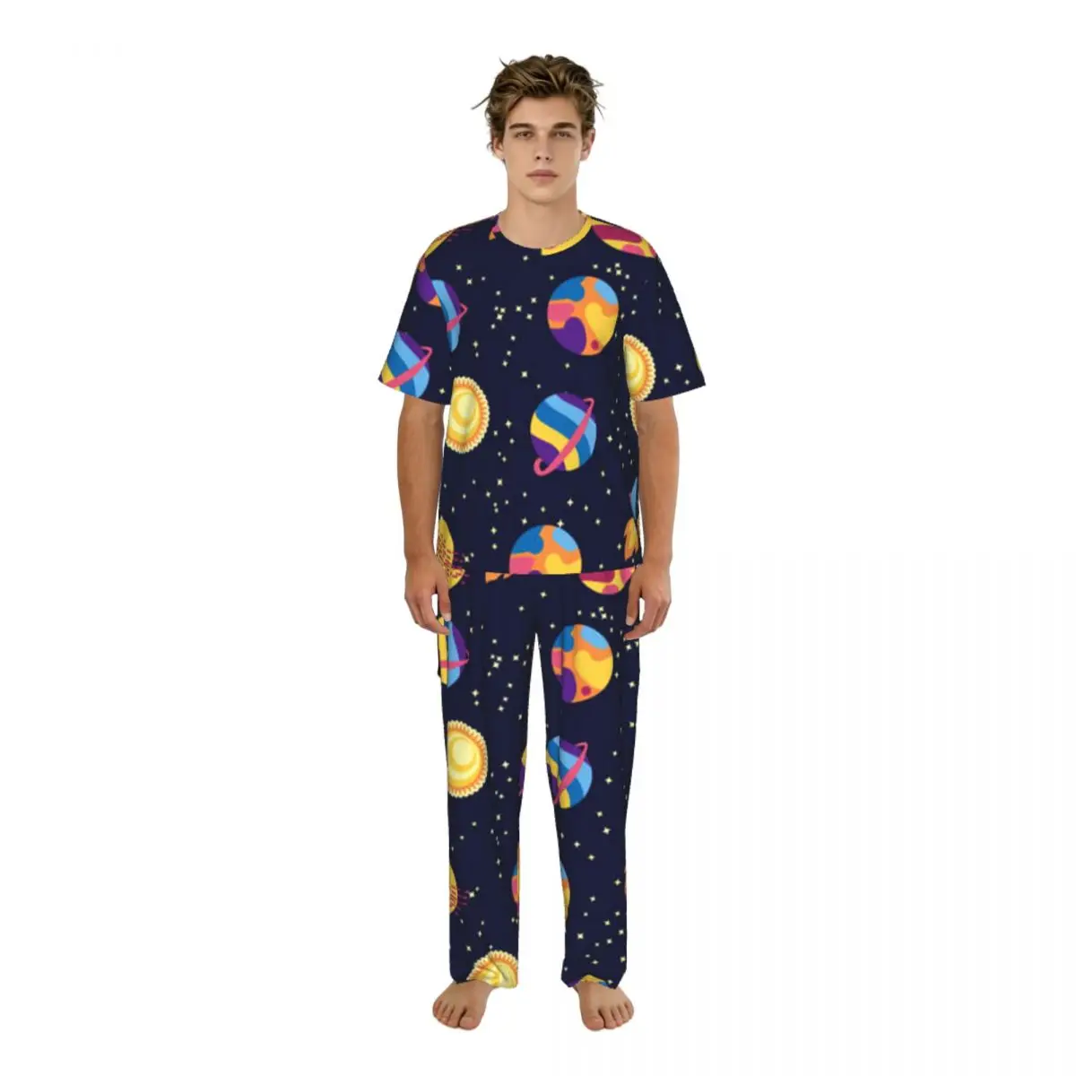 

Мужская пижама с короткими рукавами, состоящая из двух частей, с брюками, с принтом планет, ракет и звезд, домашний костюм, одежда для сна.