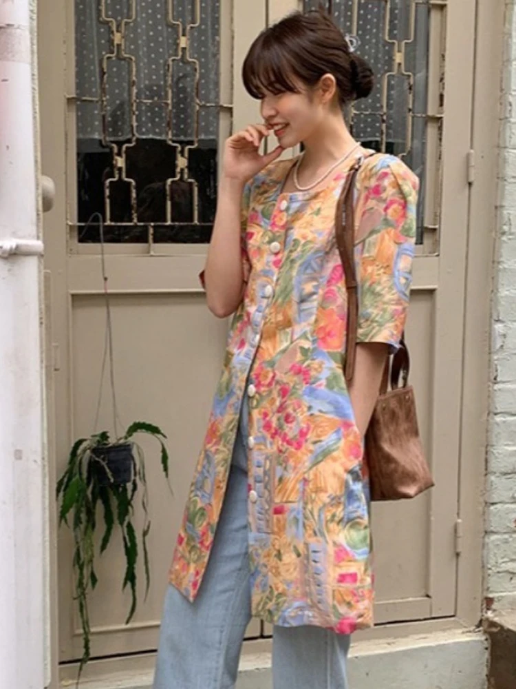 Summer New Sle Retro High Waist Print Dr Women's Faionable A-Line Skirt ort Sve Square Collar Hand-Painted Design