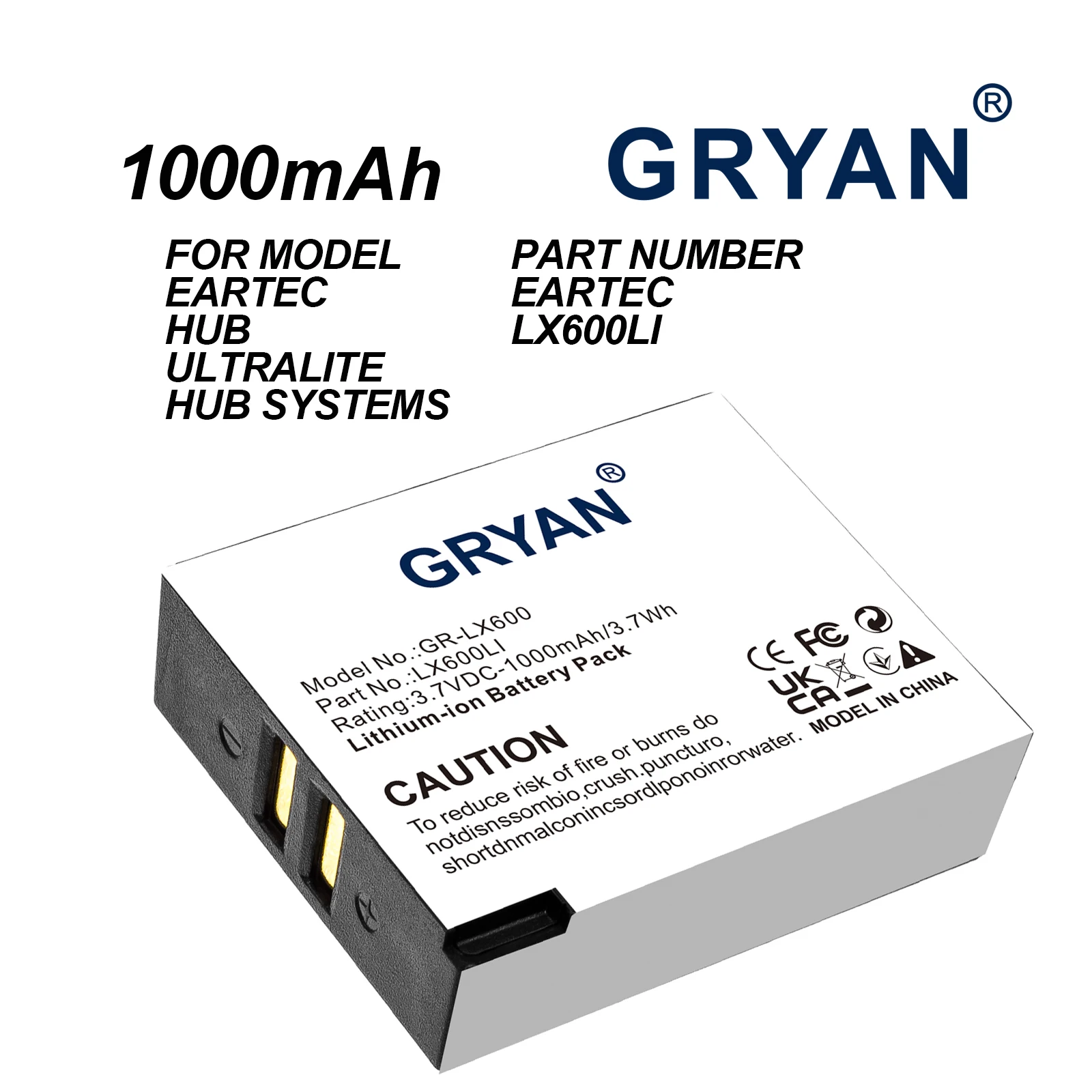 GRYAN Wireless Headset Battery For LX600LI Eartec HUB UltraLITE Hub Systems Capacity 1000mAh / 3.7Wh Color Gray Type Li-ion