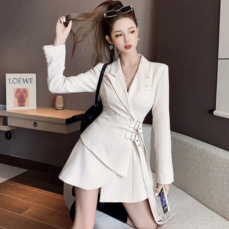 Korean Edition Black Mini Party Suit Dress Women\'s One Piece Office Elegant Dress Fashion Belt Design Long Sleeve Dress