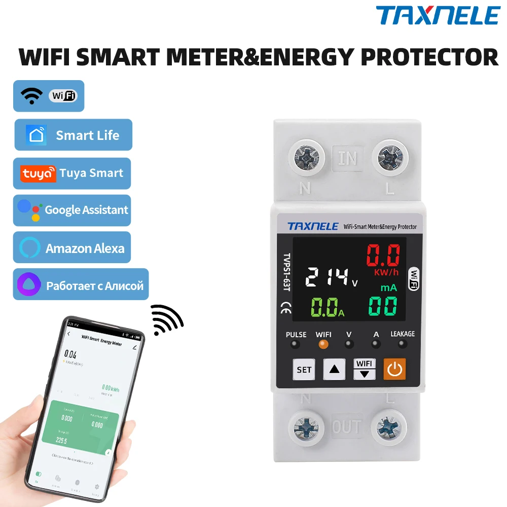 63A TUYA WiFi Smart Earth Leakage Over Under Voltage Protector Relay Device Switch Breaker Energy Power kWh Meter Smart Life