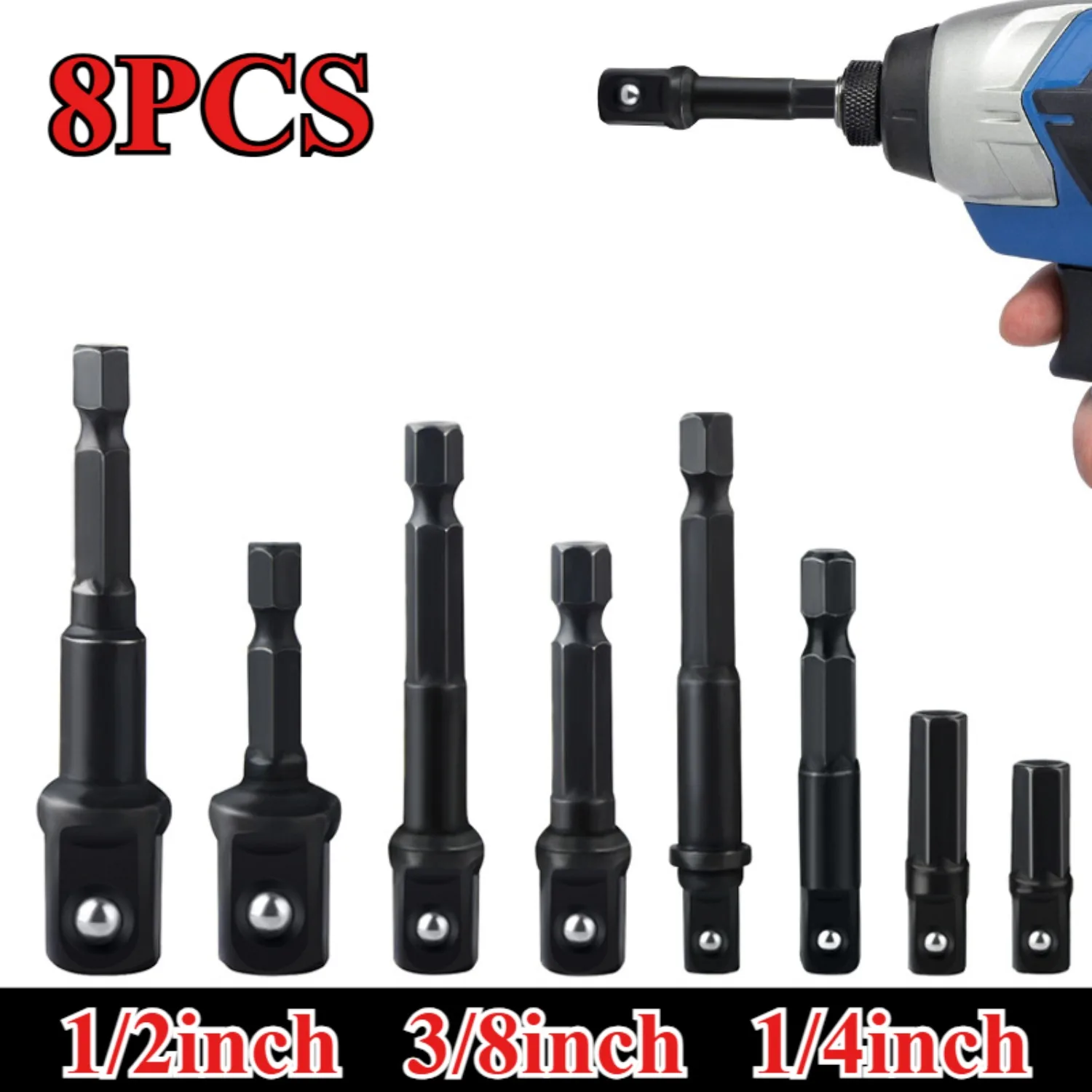 8/4pcs Socket Adapter 1/4 Inch Shank Drill Bits Extension Rod For Driver 1/2 3/8 1/4, Hex Shank To Square Socket Extension
