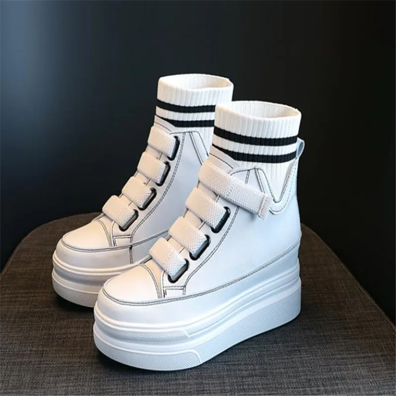 Spring Autumn Women High Top Sneakers Breathable Thick Sole Chunky Sneakers Ankle Boots 8cm Platform Booties Wedge Boots White