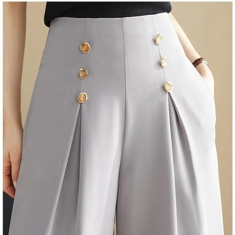 Fashion Commute Vintage Summer Pants Women\'s Solid Color Spliced Button Folds Loose Straight High Waist Casual Wide Leg Trousers