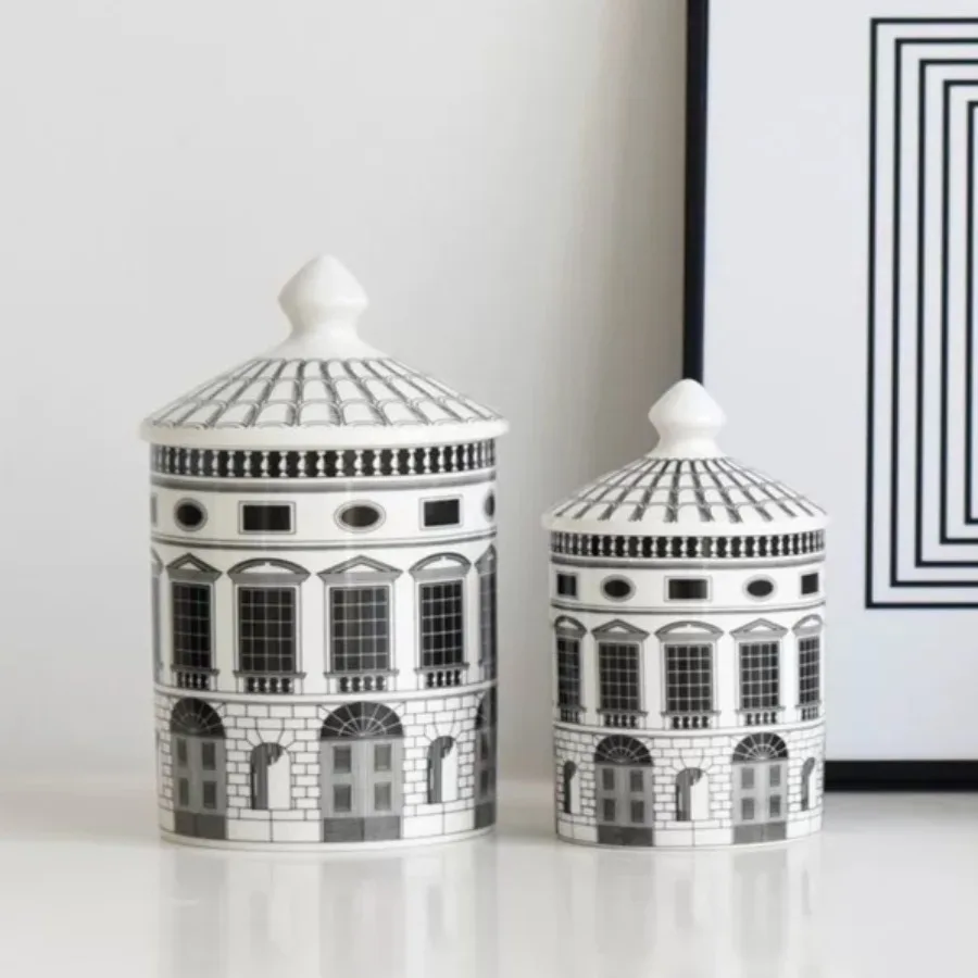 Kreative schwarz-weiße architektonische Kunst Keramikglas Kerze Flasche Home Decor Schmuck Kosmetik Vorratsdose Bestes Geschenk Ornament
