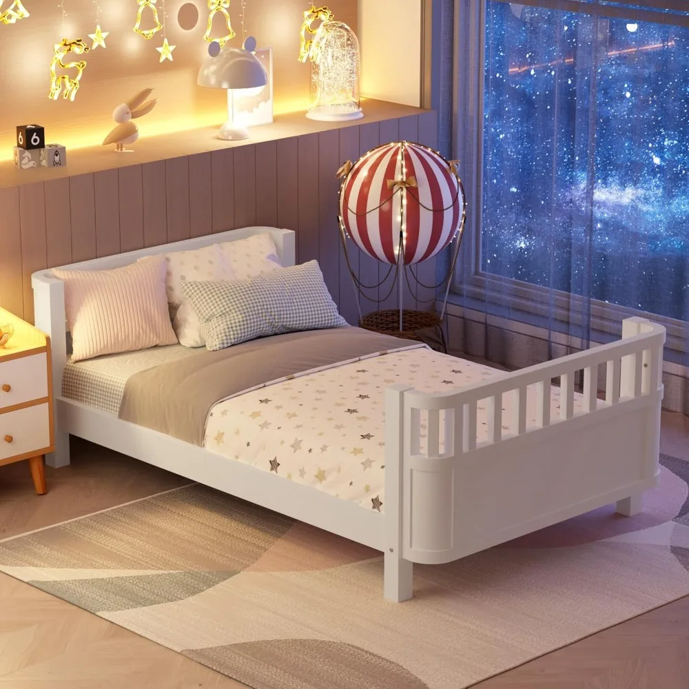 Twin Size Kids Bed with Rails, Wooden Low Beds Frame with Slats Support, Modern Twin Daybed with Detachable Side Rails