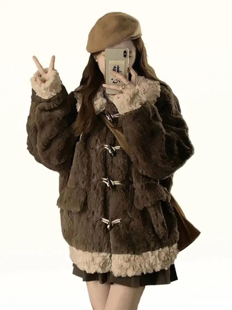 เสื้อโค้ทกันหนาวผู้หญิงไซส์ใหญ่ สไตล์เกาหลี กระดุมเขาสัตว์ เสื้อโค้ทผ้าฝ้ายหนา สำหรับผู้หญิง ฤดูหนาว อุ่นสบาย ผ้าขนแกะ