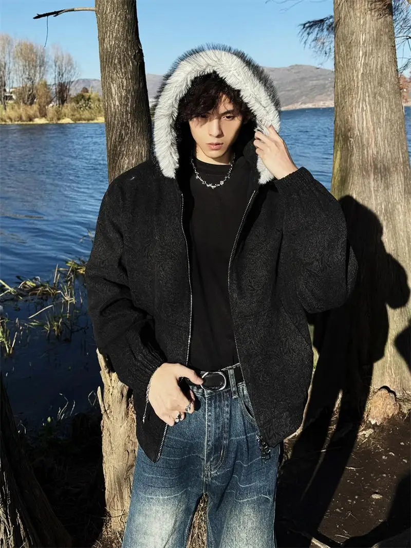 

Cleanfit Thiened Hooded Cotton Jaet Men's Winter Loose Fit Mount Tai Eagle Coat Trendy Zipper Closure Long Sve Youth