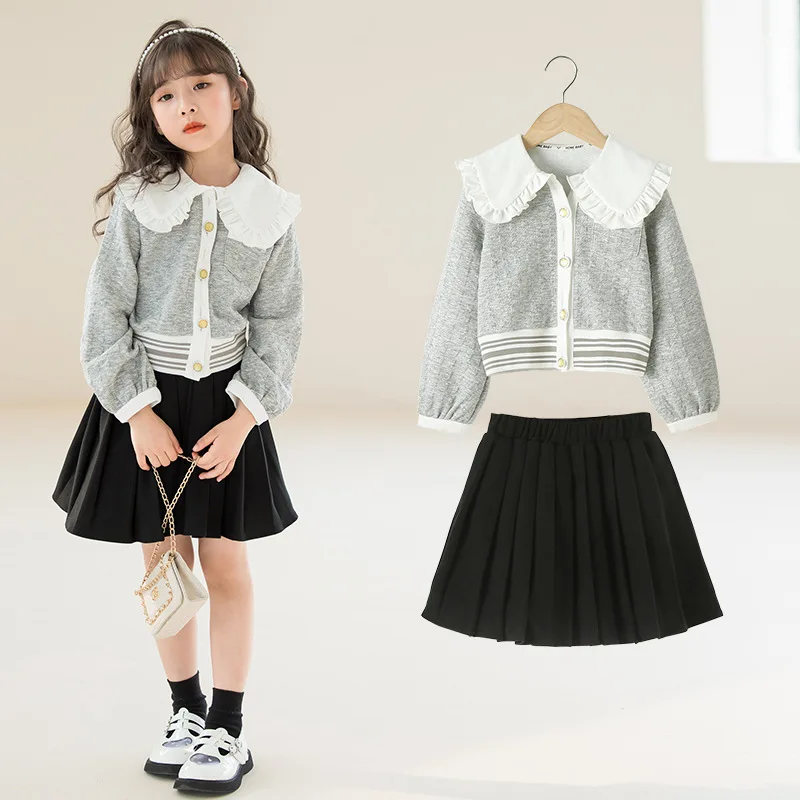 Coat Pleated Skirt Reverse Collar Long Sleeves Grils Children Fashionable Soft Korean Spring Autumn Casual Sweet Syudent