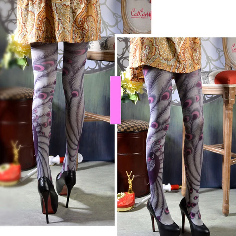 Women Retro Ethinic Style Sexy Pantyhose Peacock Printed Tights Girl Catwalk Show Pantyhose Spring Thin Transparent  Stockings