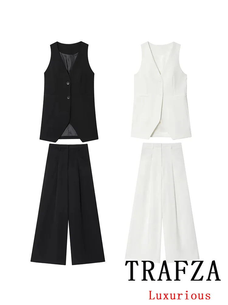 

TRAFZA Office Lady Solid Women Suit V-Neck Single Breasted Vest Straight Loose Zipper Pants New Fashion 2025 Autumn Female Sets