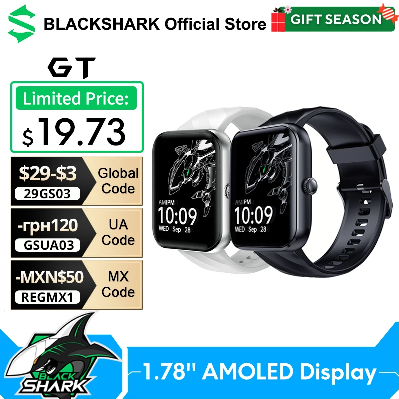 Global Version Black Shark GT SmartWatch 1.78 AMOLED Screen 10 Days Battery Life  BT Calling Health Monitoring 100+ Sport Modes