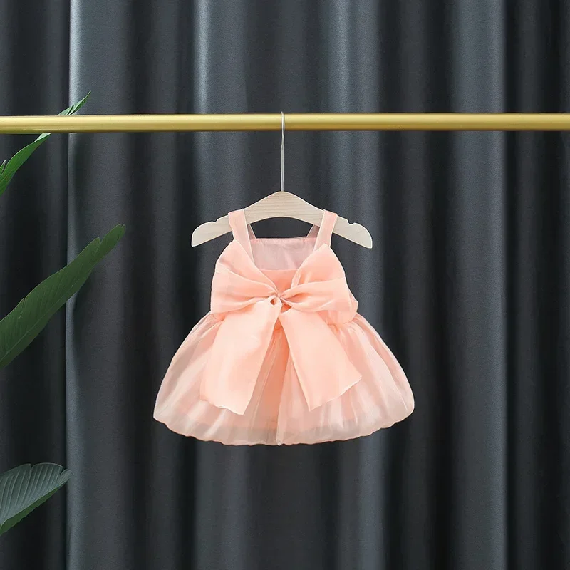 Girls Summer New Solid Color Mesh Bow Strap Dress Girl Baby Fluffy Dress Newborn Princess Dress