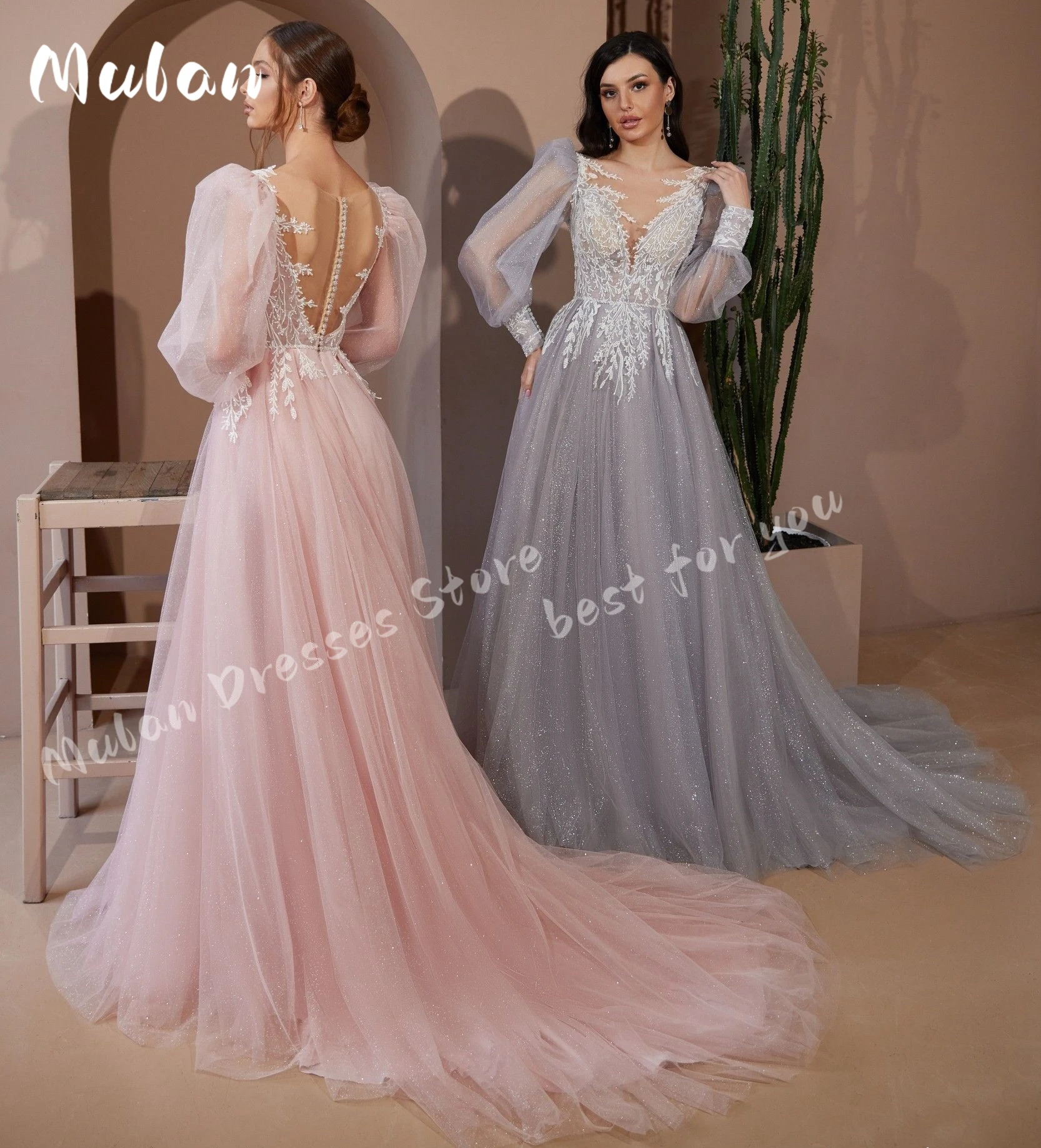 

Appliques Puff Long Sleeves Evening Dresses 2024 Shiny Tulle A-line Floor-length Gorgeous Formal Occasion Prom Dress Party Gown