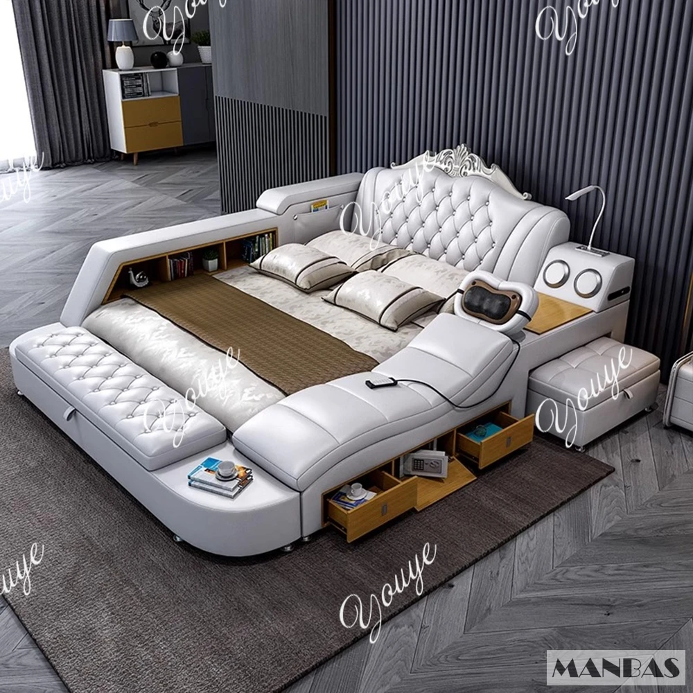 MANBAS Ultimate Bed Frame Tech Smart Multifunctional Bed with Genuine Leather, Massage, USB, Bluetooth Speaker, Tatami & Safe