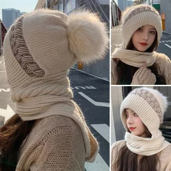 Women Winter Knitted Beanies Thicken Nack Warmer One-Piece Wool Hats Scarf Fur Pompom Crochet Bonnet Outdoor Skiing Skullies Cap