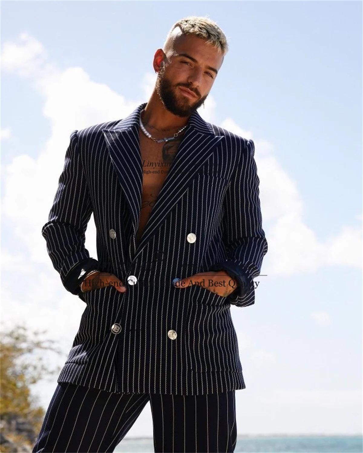 

Strip Wedding Suits For Men Double Breast Groom Tuxedos Slim Fit Business Male Blazers Pants Outfit 2 Pieces Sets Costume Homme