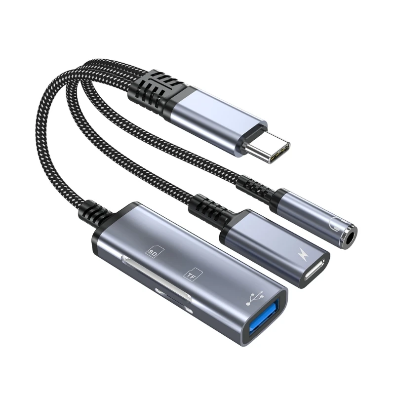 5 in 1 Fast Data Transfer USB C Splitter to USB C 3.5mm Headphone Sound Adapter /Memory/USB Card Reader for Keyboards 77JC