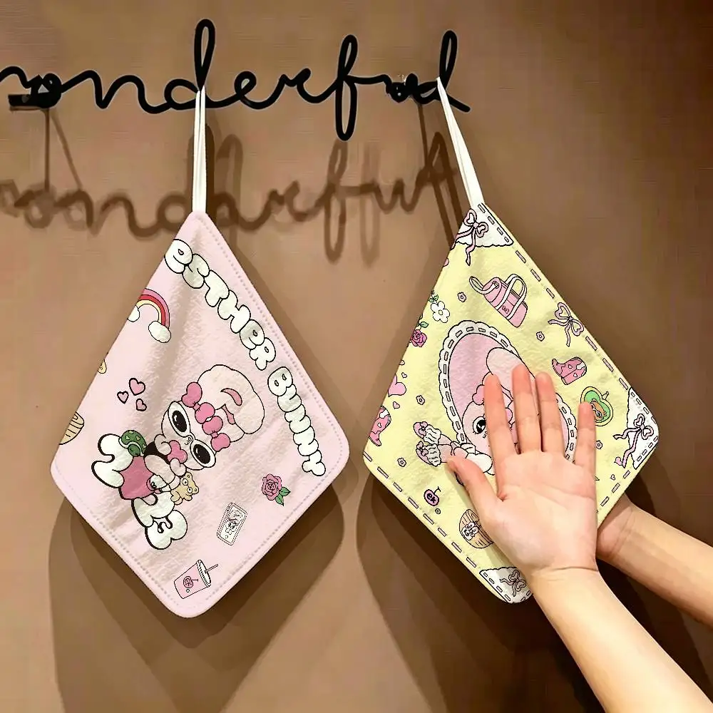 E-Esther-Bunny Retro-Kawaii Hanging Kitchen Towel, Polyester Cotton Fabric, Absorbent Hand Wiping Towel for Home Dormitory