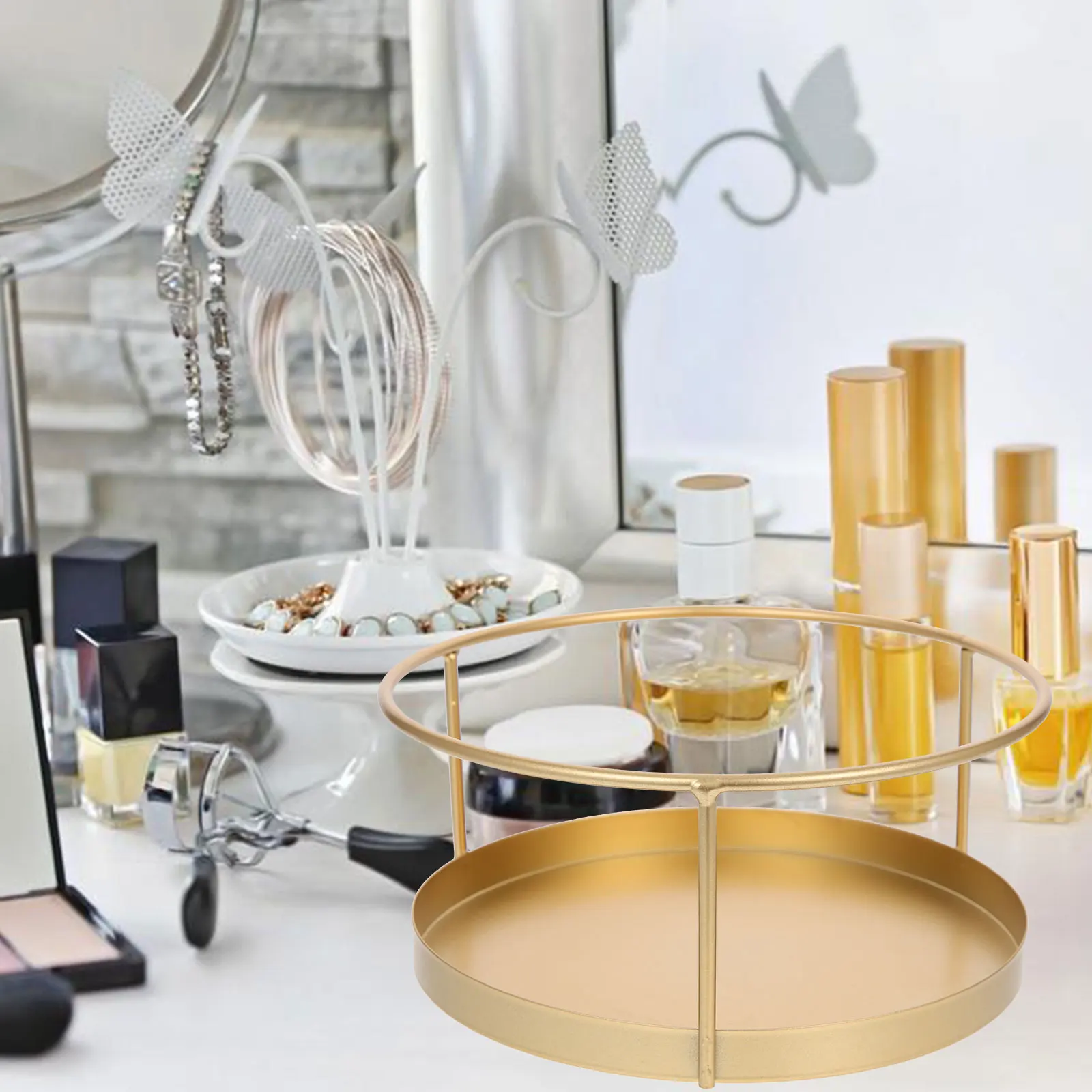 

Double Layer Circular Storage Box Makeup Vanity Organizer Desk Tray Toiletries Household Sundries Brush Holder