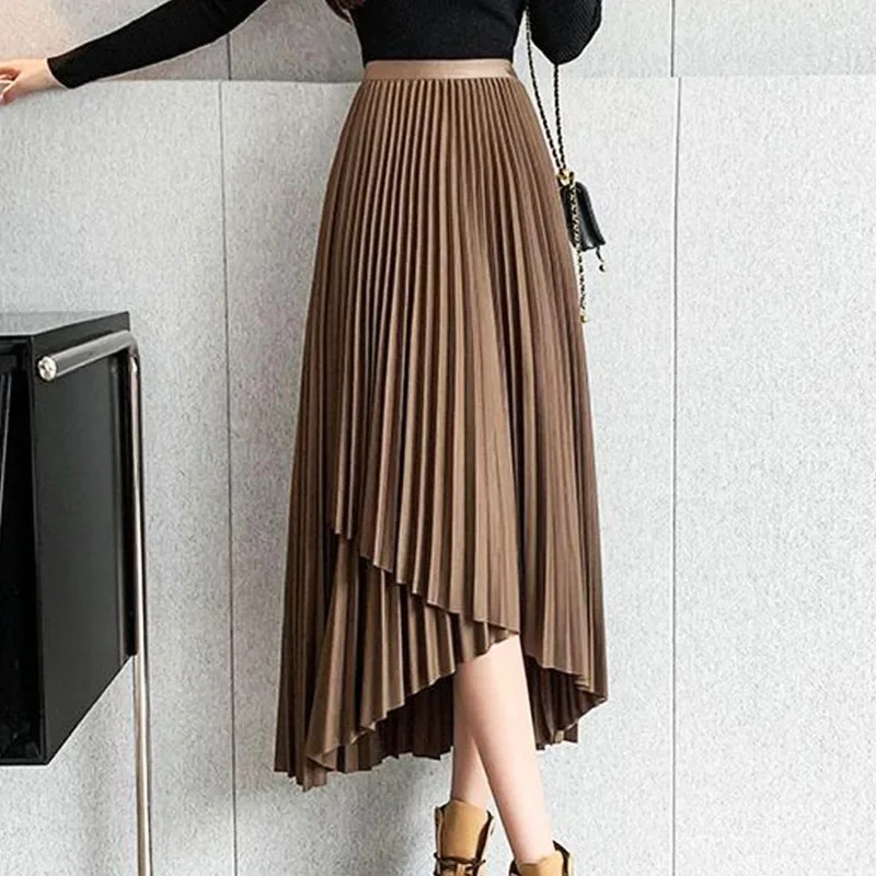 

Korean Temperament High Waist Asymmetrical Pleated Skirt Summer New Style Midi Skirts Solid Color Chic Slit A-line Skirt B31