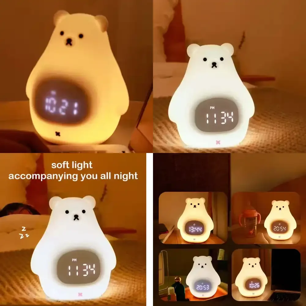

Cute Bear Alarm Clock Night Light for Kids Room for Silicone Bedside Light for Cartoon Animal Lamp for Custom Night Light for