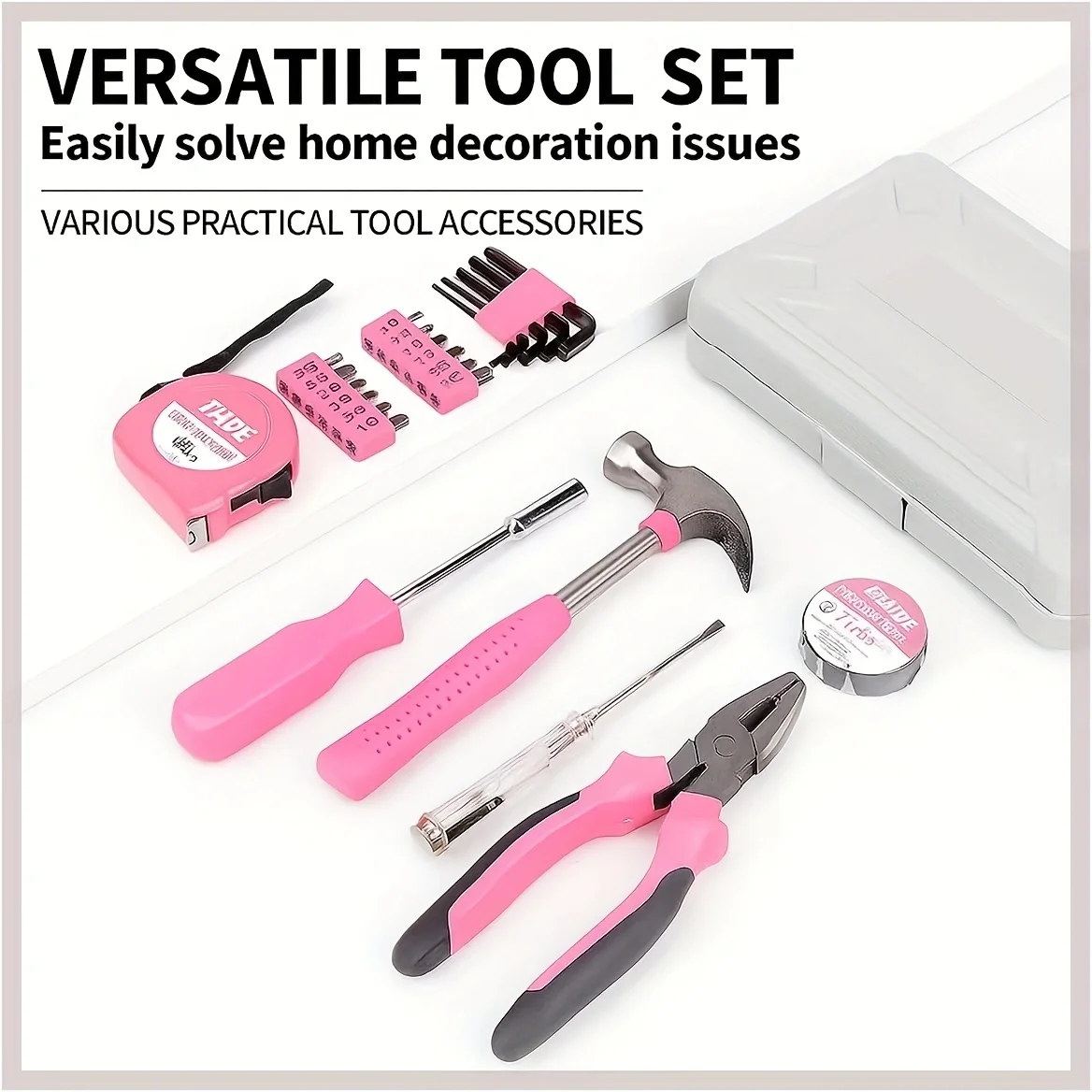Pink Household Hand Tool Kit Women DIY Repair Tools Set Claw Hammer Pliers Screwdriver Tape Measure Electrical Tape Allen