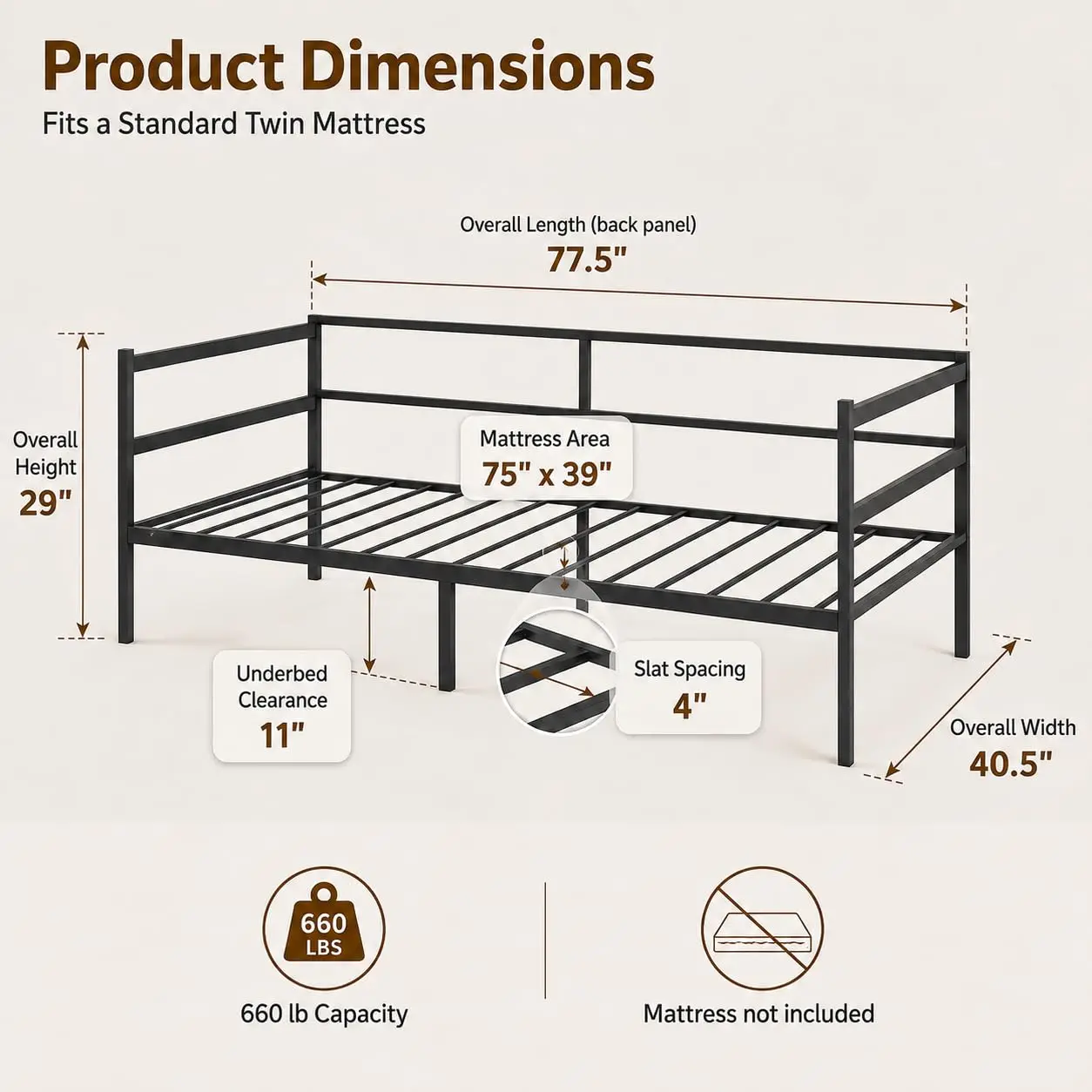 Twin Metal Daybed Frame, 660 lb Capacity, Steel Slat Support, 3-Sided Guardrails, 11-Inch Underbed Storage, No Box