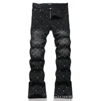 Casual Punk Style Men's Jeans Elastic Waistband with Embroidery Lemon Detail Bell Bottoms Trendy Black Slim Fit Denim Pants