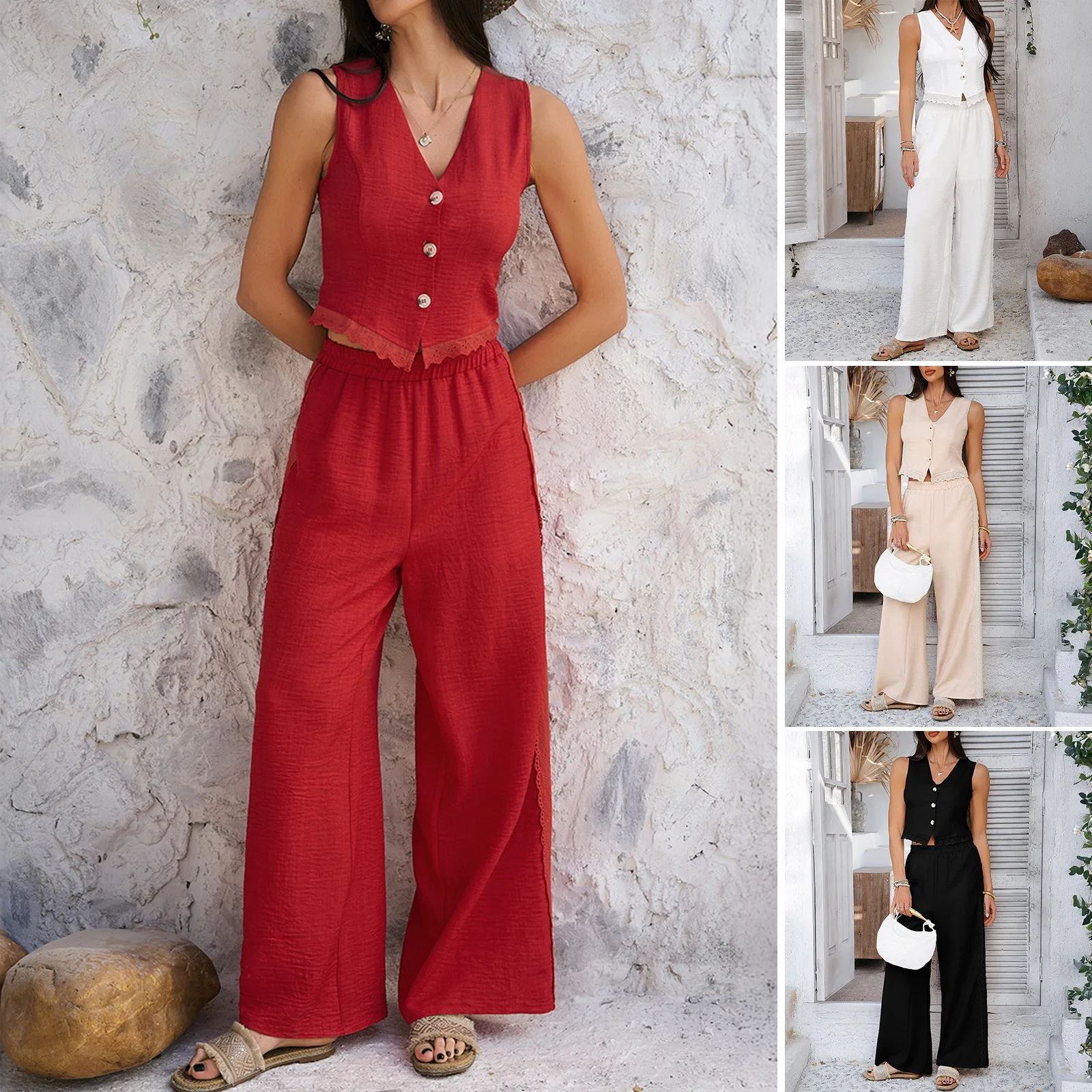 

Spring Summer Leisure Solid Color Cardigan Vest Top Wide-Leg Trousers Suit 2025 New Women Vest Top + Long Pants Two Peice Set