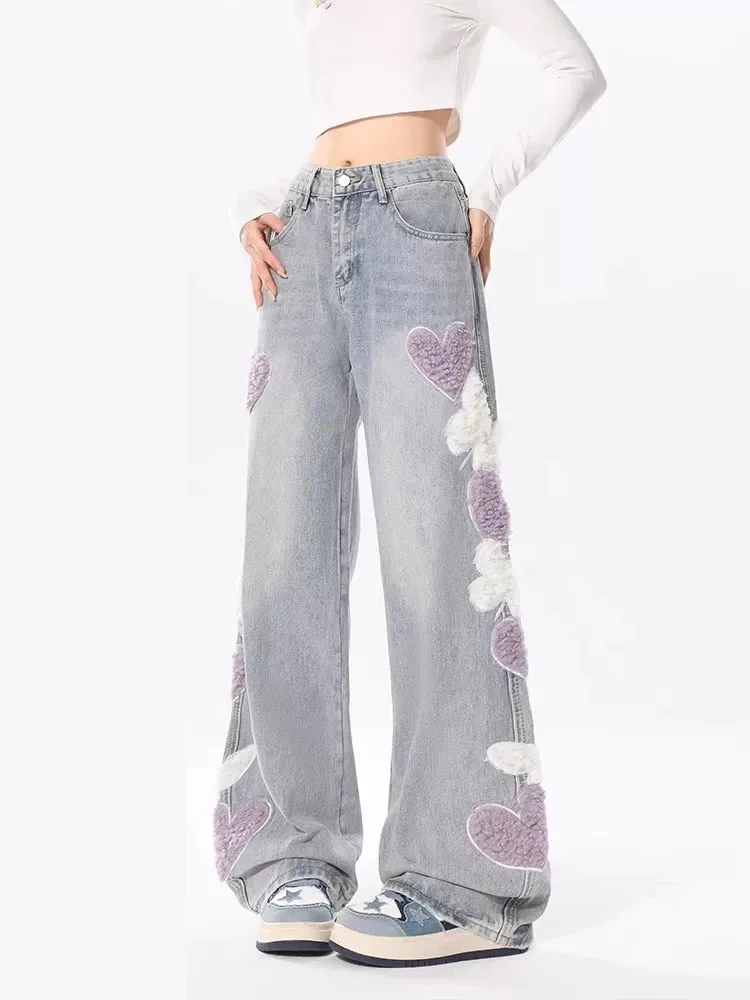Pantalones vaqueros holgados de cintura alta para mujer, Vaqueros coreanos a la moda de otoño e invierno con bordado en forma de corazón, pantalones de pierna ancha rectos azules, talla grande 2XL-6XL
