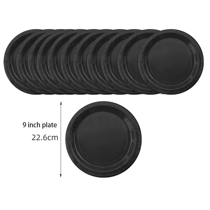 Solid Black Theme Cutlery Birthday Party Paper Disposable Tableware Paper Napkins Cups Plates Tablecloth Fork spoon Party Decor