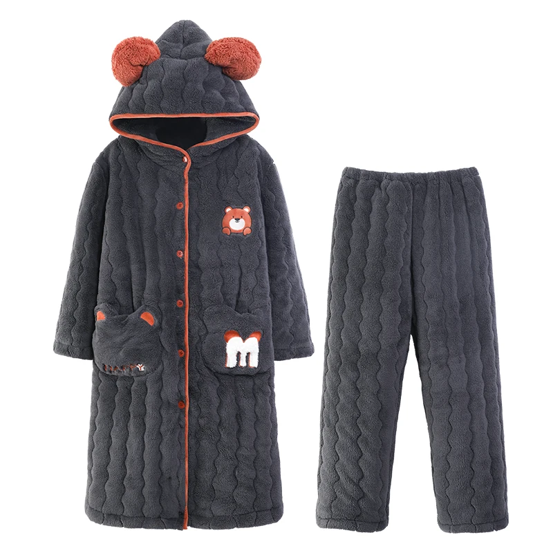 High Quality Winter 2 Pieces Set Thick 3 Layer Clip Cotton Robe+Pant Women Bathrobe With Hooded