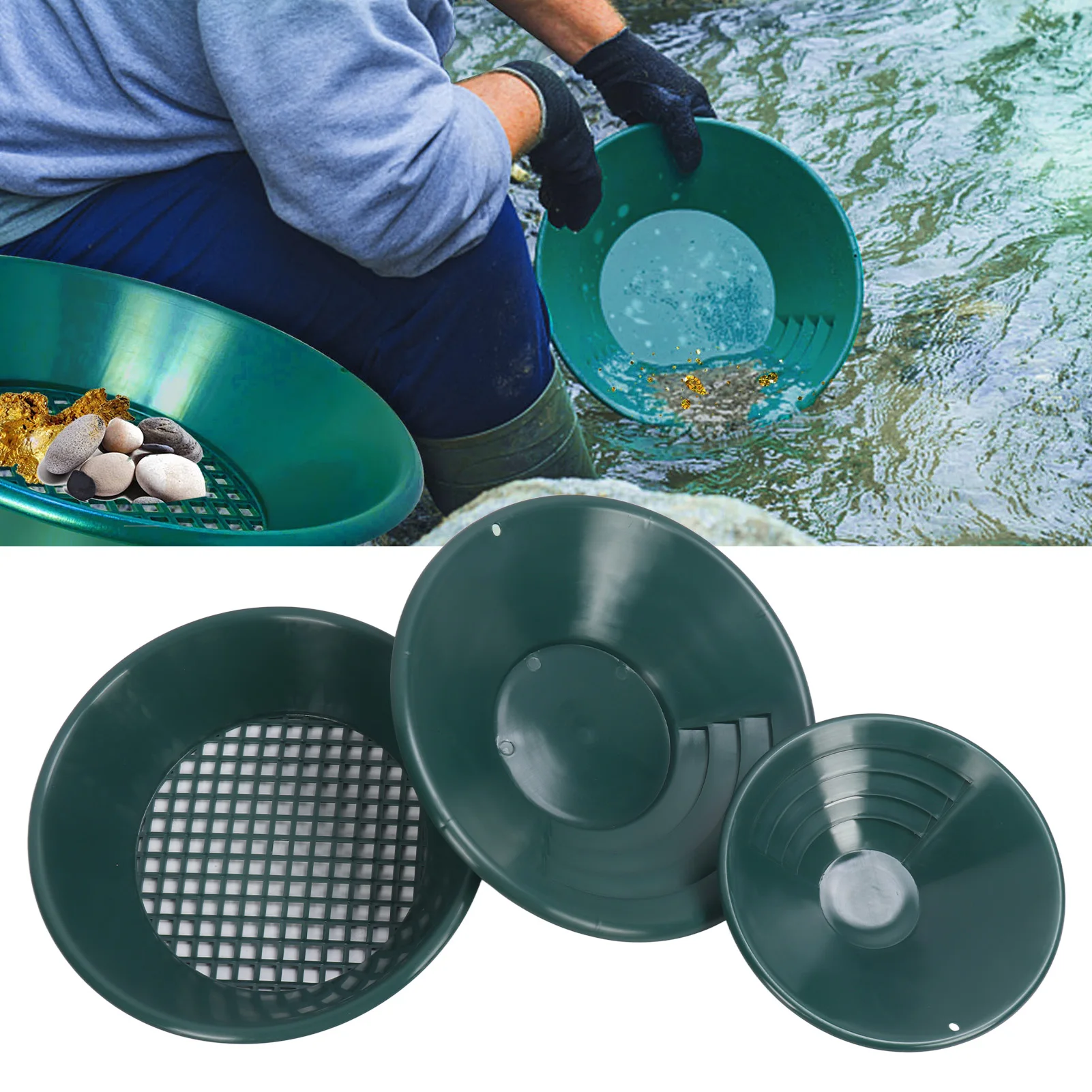 3PCS Gold Panning Pan ABS Plastic Gold Washing Pan Kit Hand Operated Round Gold Dredging Prospecting Tools