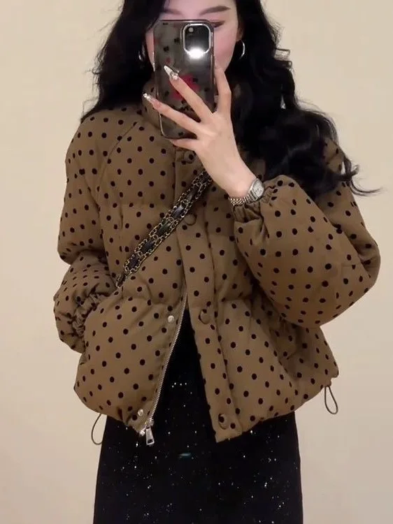 

Retro Collar Polka Dot Design ort Cotton Jaet Women's Winter Warm Bread Sle Coat Loose Fit Long Sve Zipper Closure