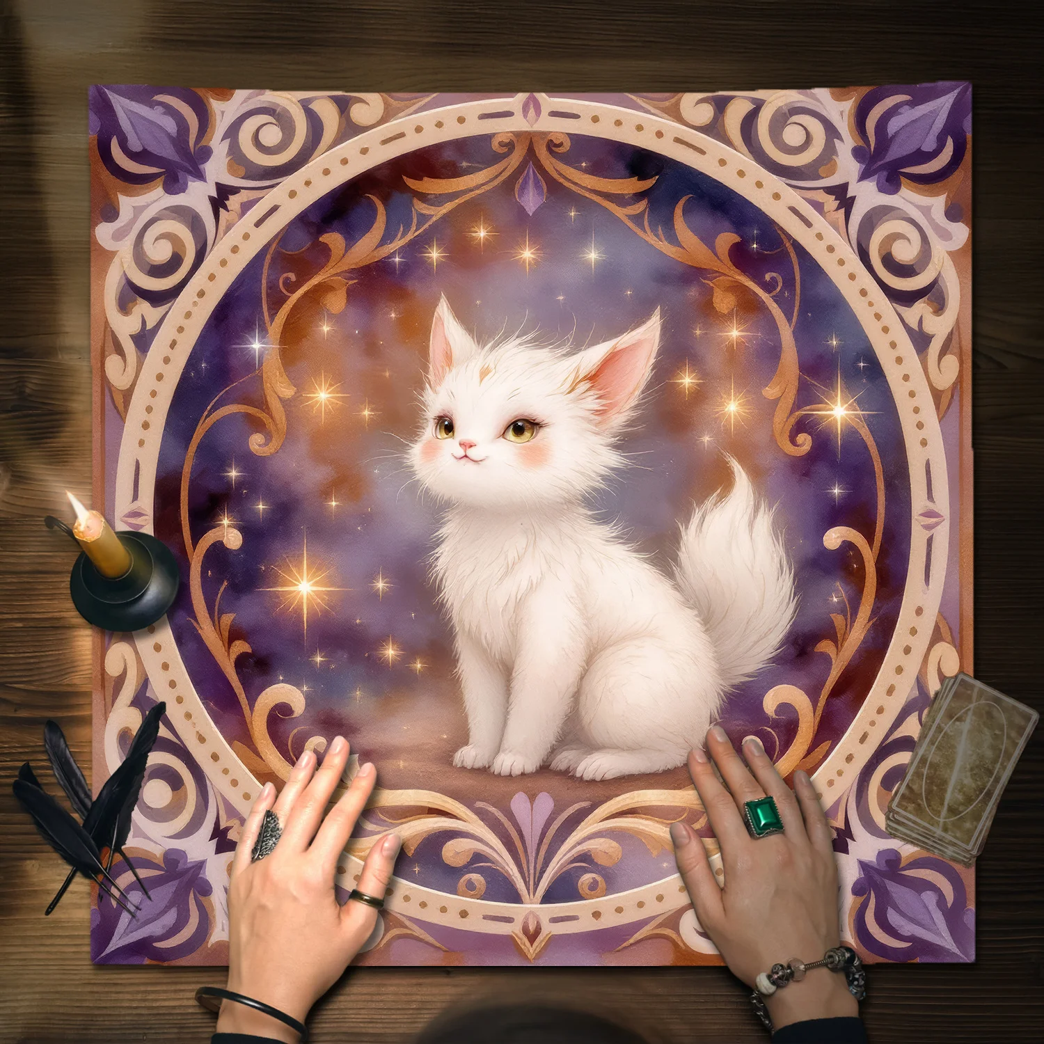 Mystical Fantasy Cat Tarot Cloth Mat Purple White Star Decor Frame Polyester Machine Made Ideal for Divination Home Decor