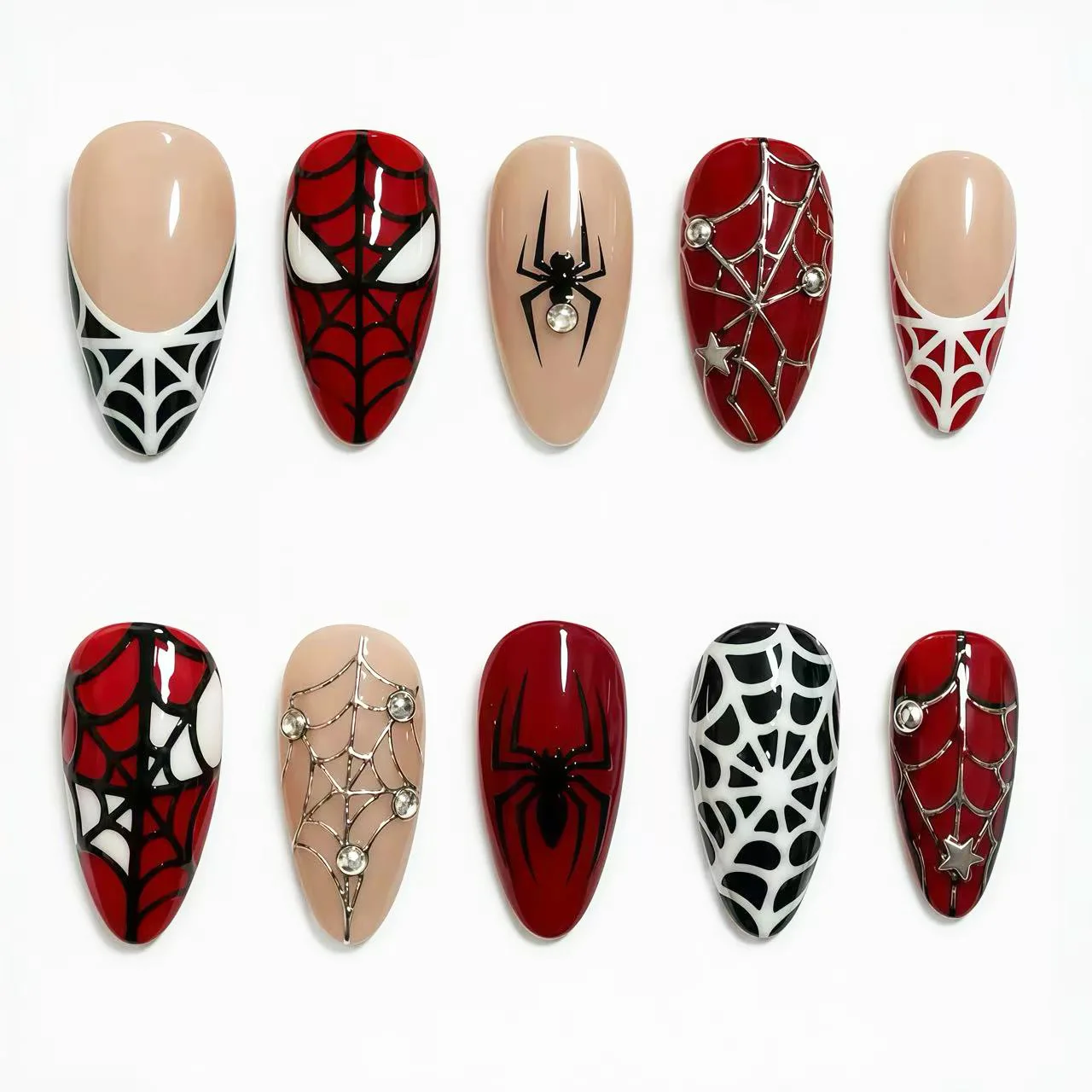 30pcs Red Black Spider Web Spider Press On Nails 3D Rhinestone Star Decor Fake Nail Short Almond False Nail for Women&Girl